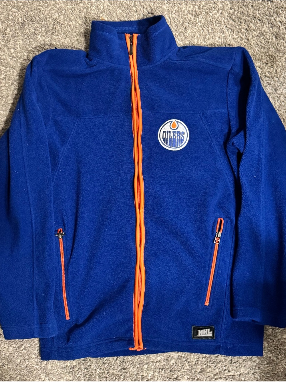 Vintage NHL Oilers Royal Blue Fleece Zip-Up Jacket with Orange Zippers Size S